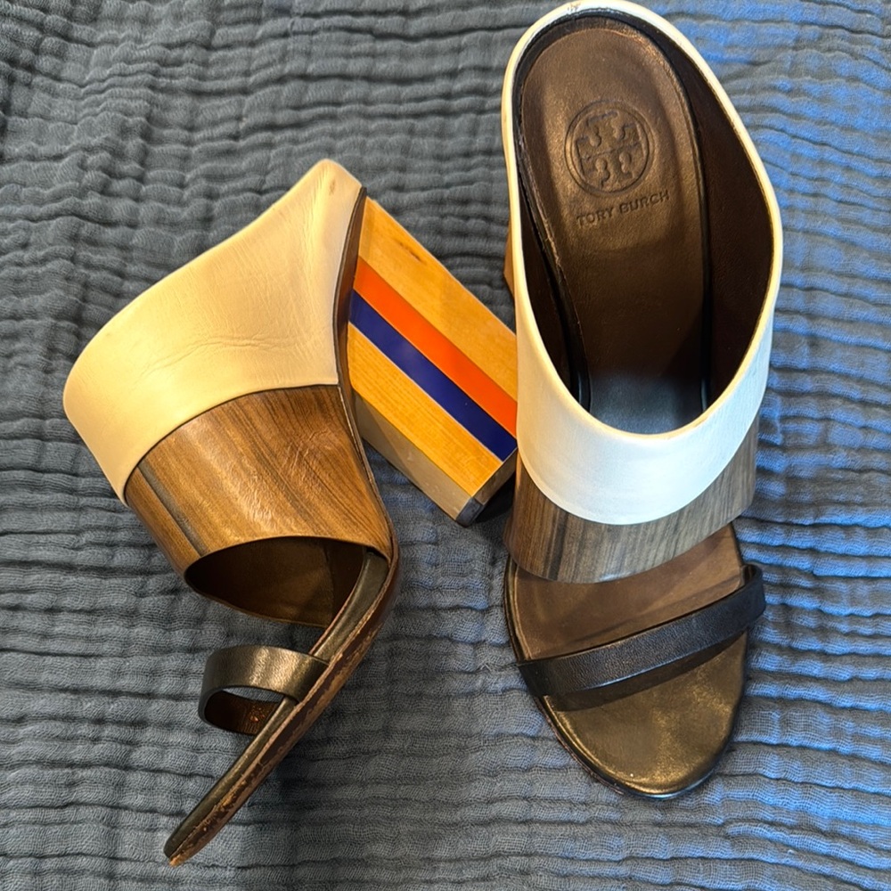 Tory Burch Black and Cream Mules with Wooden Heel